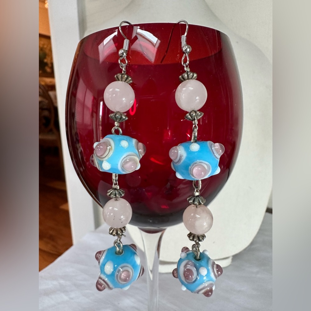 Long glass lampwork bead blue and pink earrings
